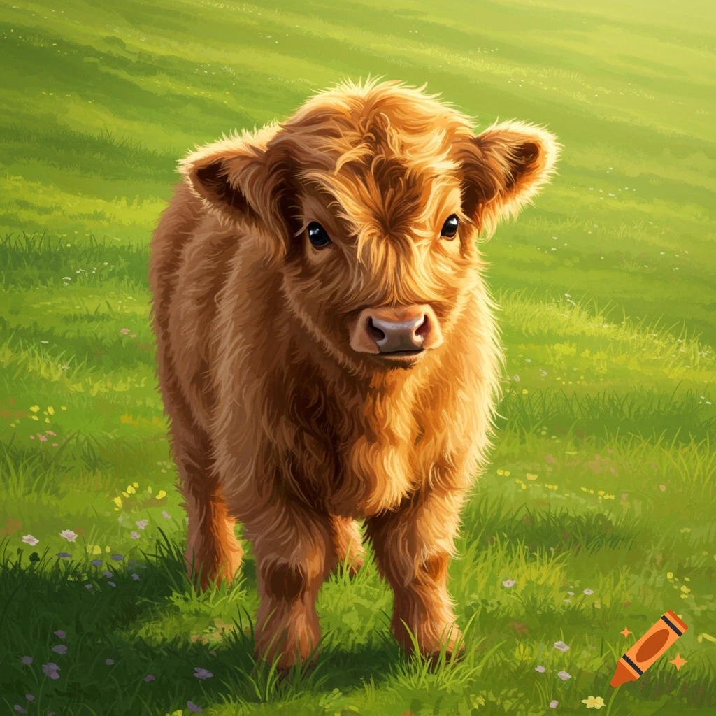 A cute, fluffy baby highland cow stands in a sunlit green field with small flowers, rendered in an illustrative style.