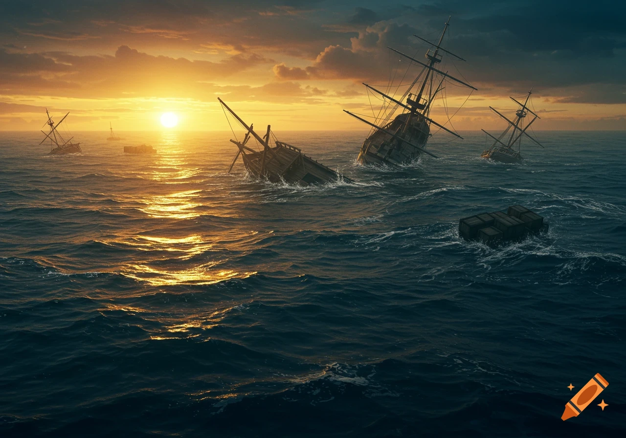 Several old cargo ships are sinking in rough seas during a sunset.