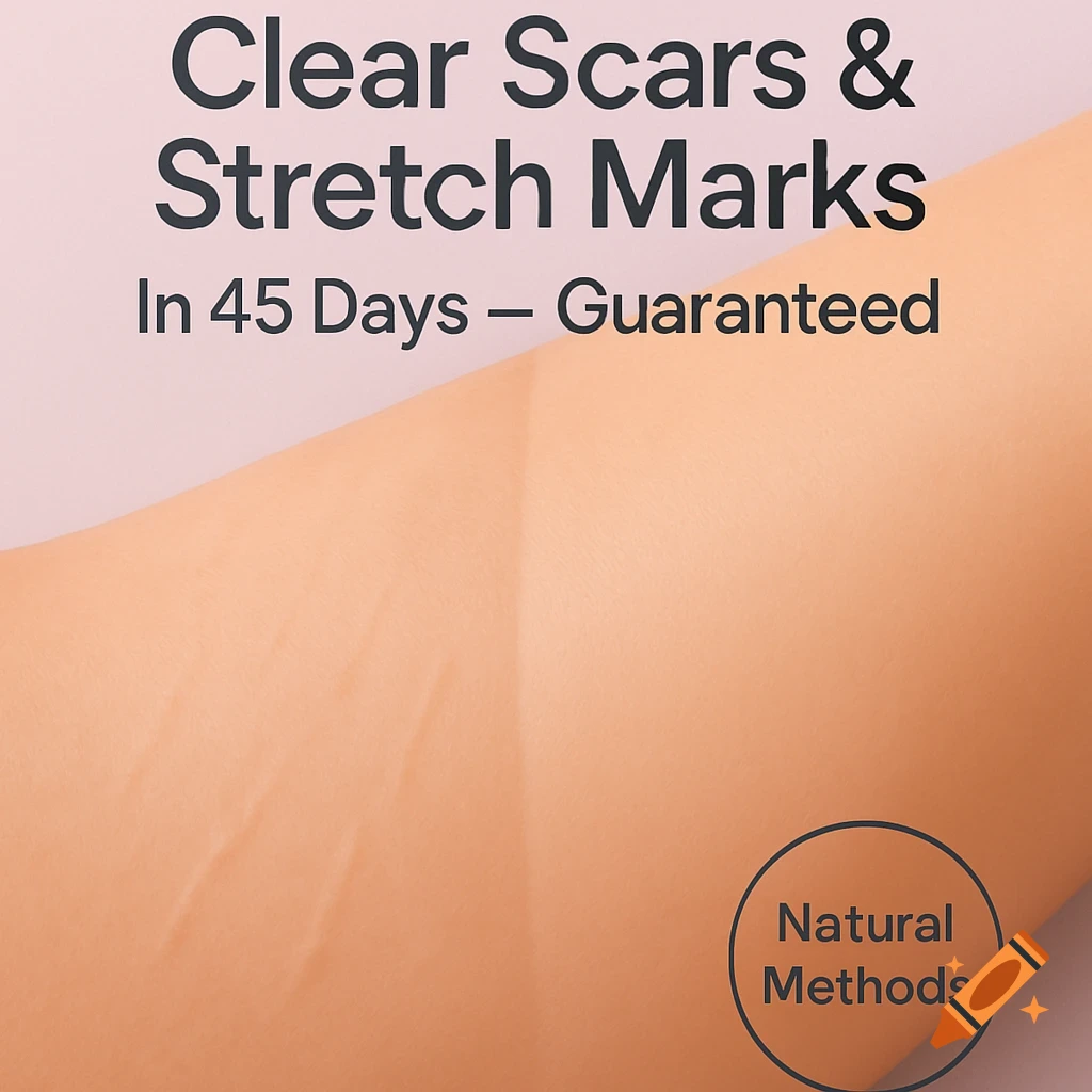 Close-up of skin with text overlay that reads "Clear Scars & Stretch Marks In 45 Days — Guaranteed" and a circular badge "Natural Methods".