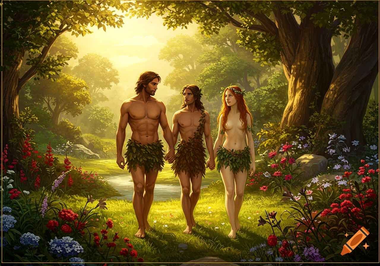 Adam, Eve, and a third figure walk hand-in-hand through a vibrant, sunlit, lush garden in a painted style.