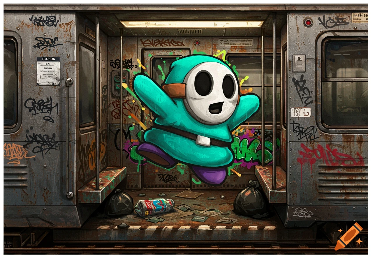 Shy Guy character floating inside a graffiti-covered train car.