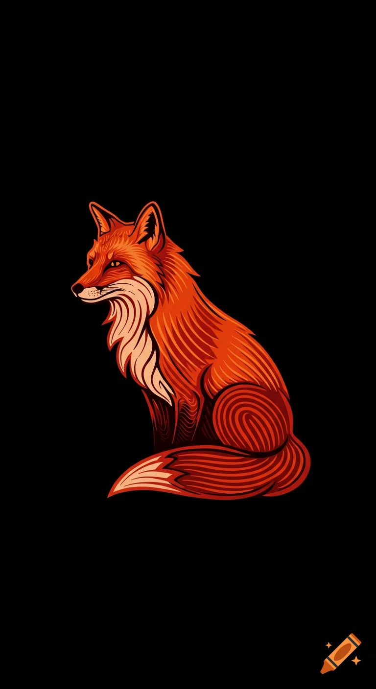 Minimalist retro wave illustration of a fox in red and orange lines on black.