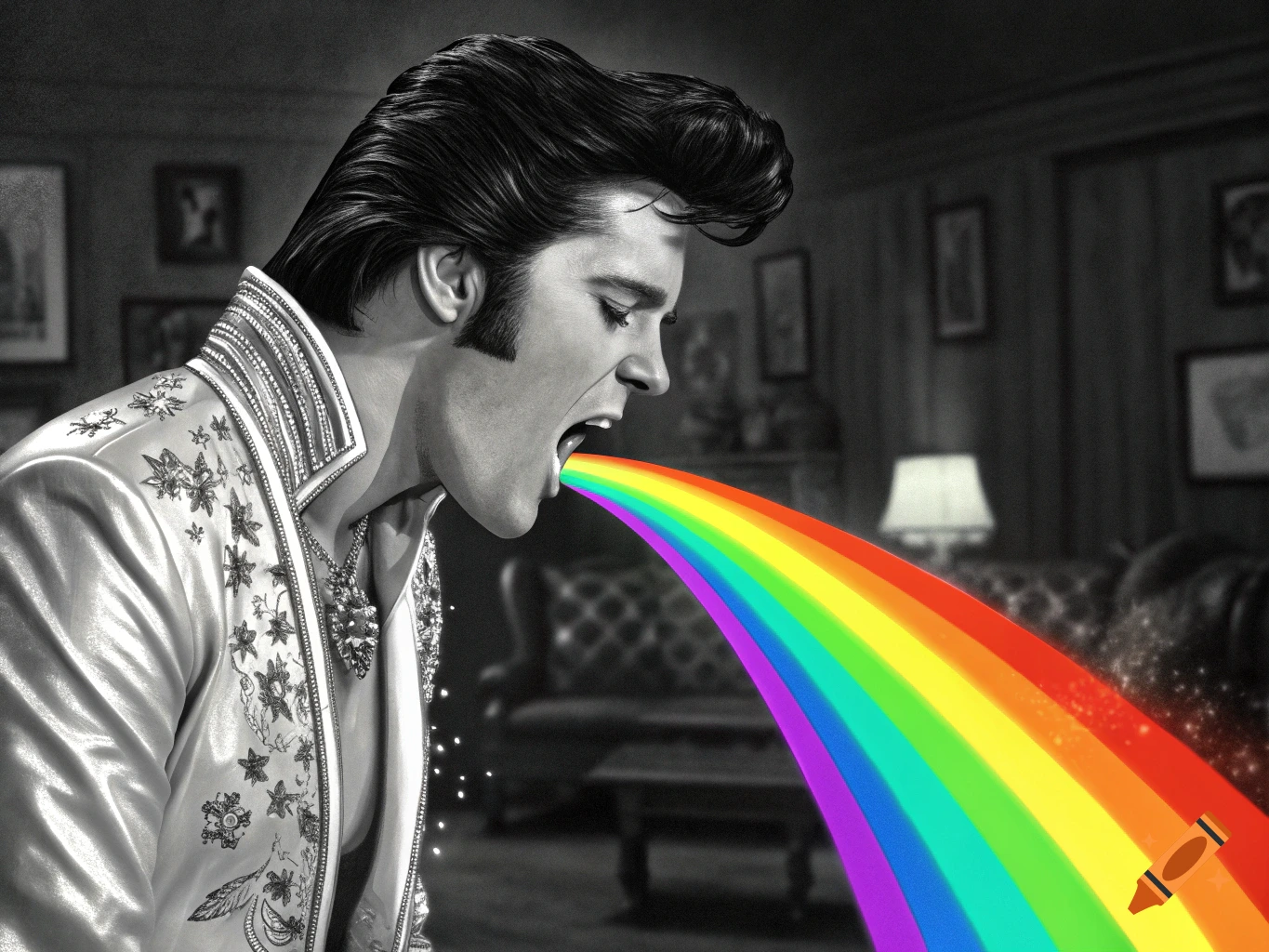 Black and white portrait of Elvis Presley barfing a vibrant rainbow in a room.