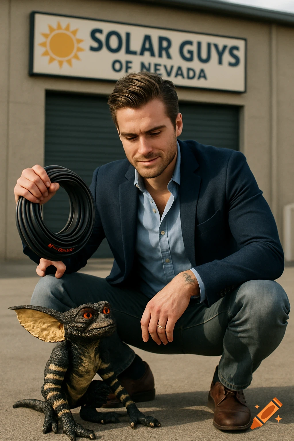A photorealistic image of a man crouching next to a gremlin, holding a wire reel, with a "Solar Guys of Nevada" sign in the background.