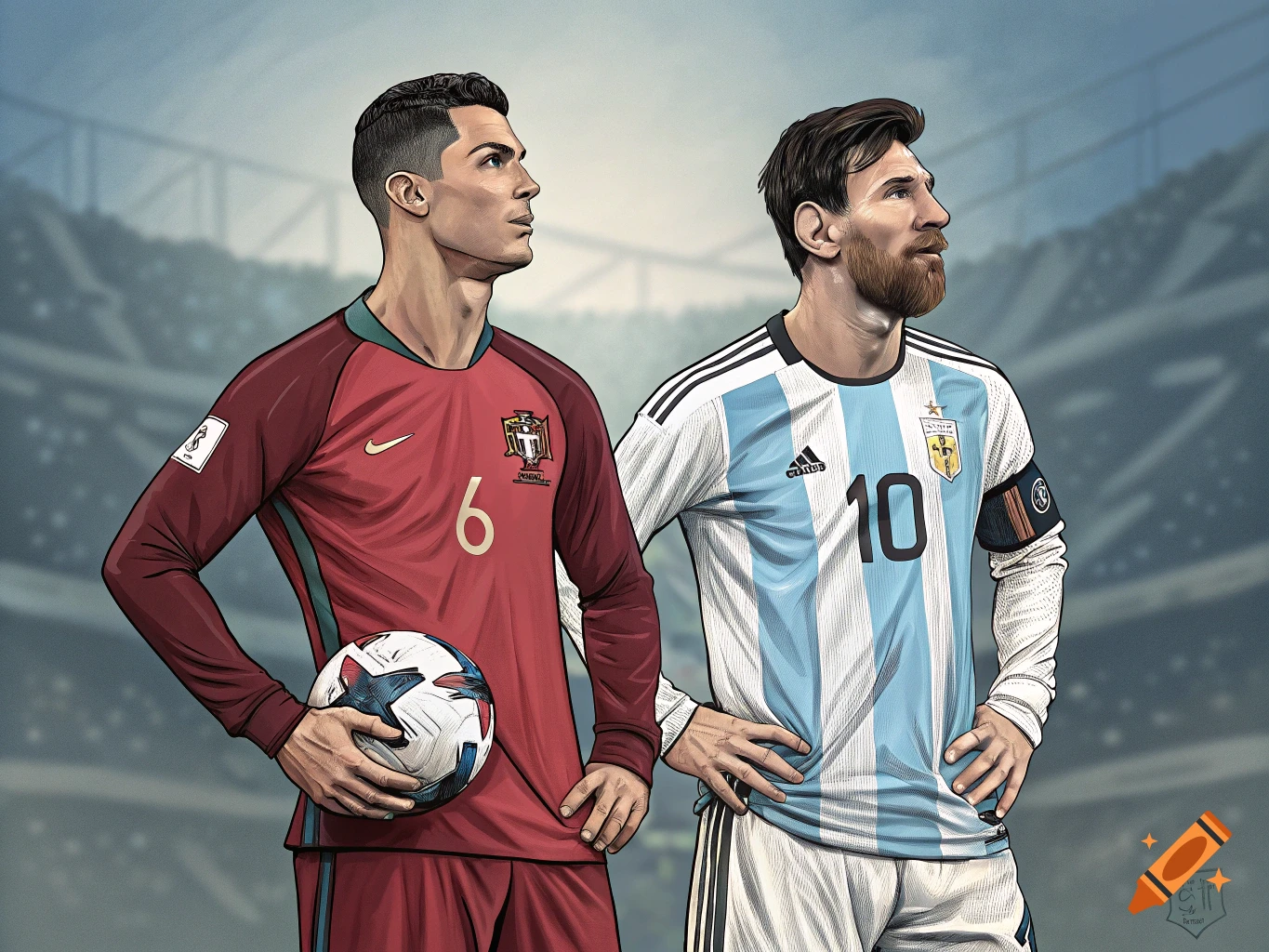 Illustration of Cristiano Ronaldo in a red Portugal jersey holding a soccer ball, standing next to Lionel Messi in a blue and white Argentina jersey.