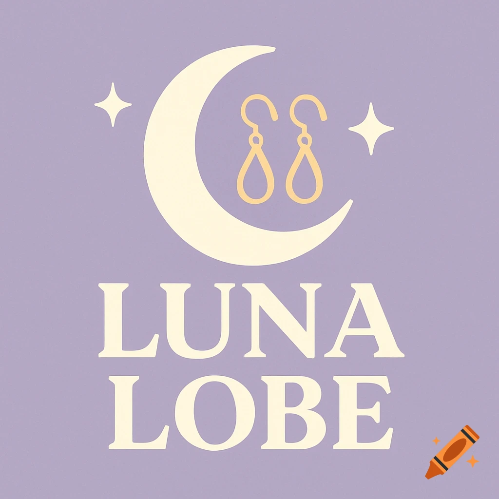 A minimalist logo on a purple background features a light cream crescent moon with golden outline earrings and stars, and the text 'LUNA LOBE'.