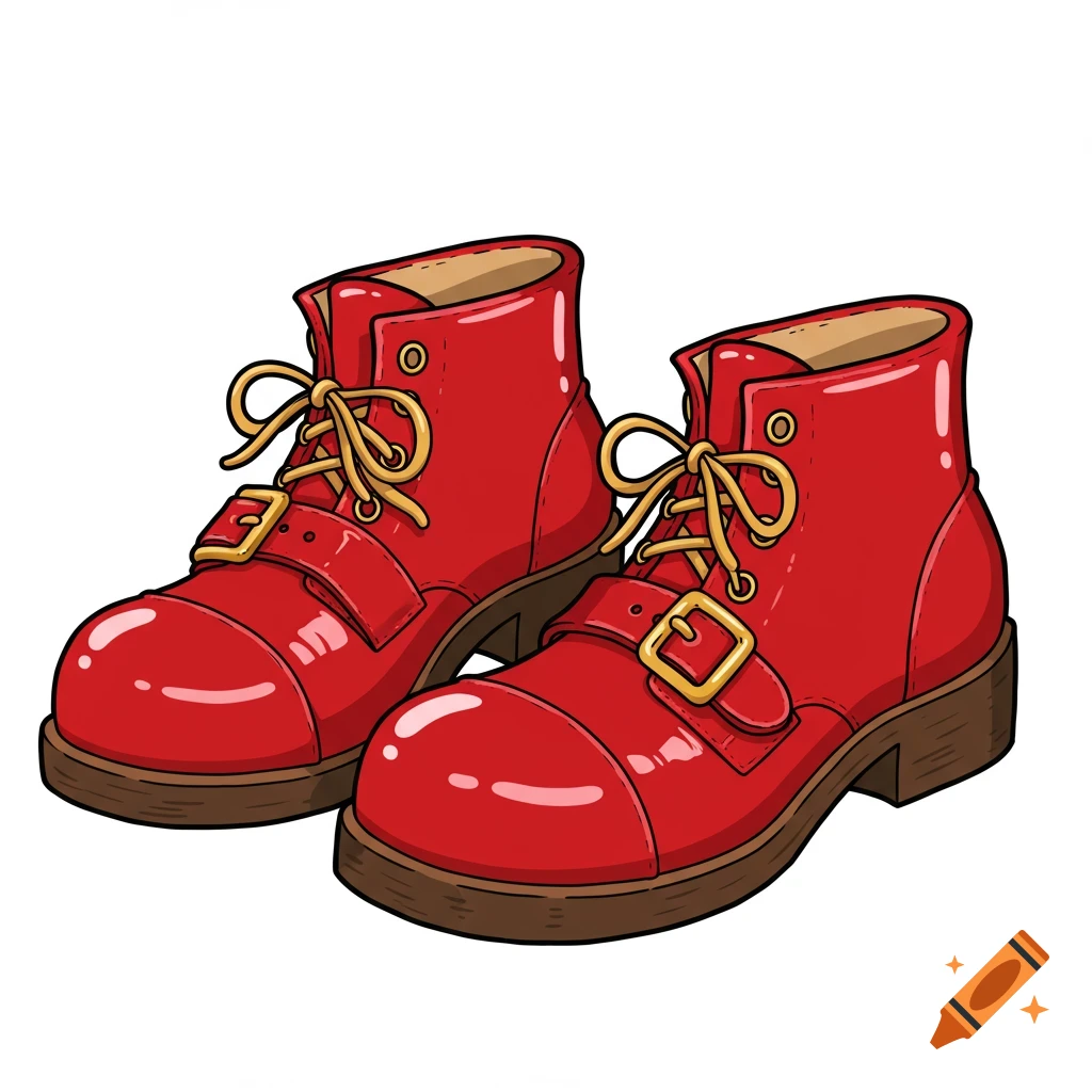 A pair of shiny red cartoon boots with tan laces and gold buckles.
