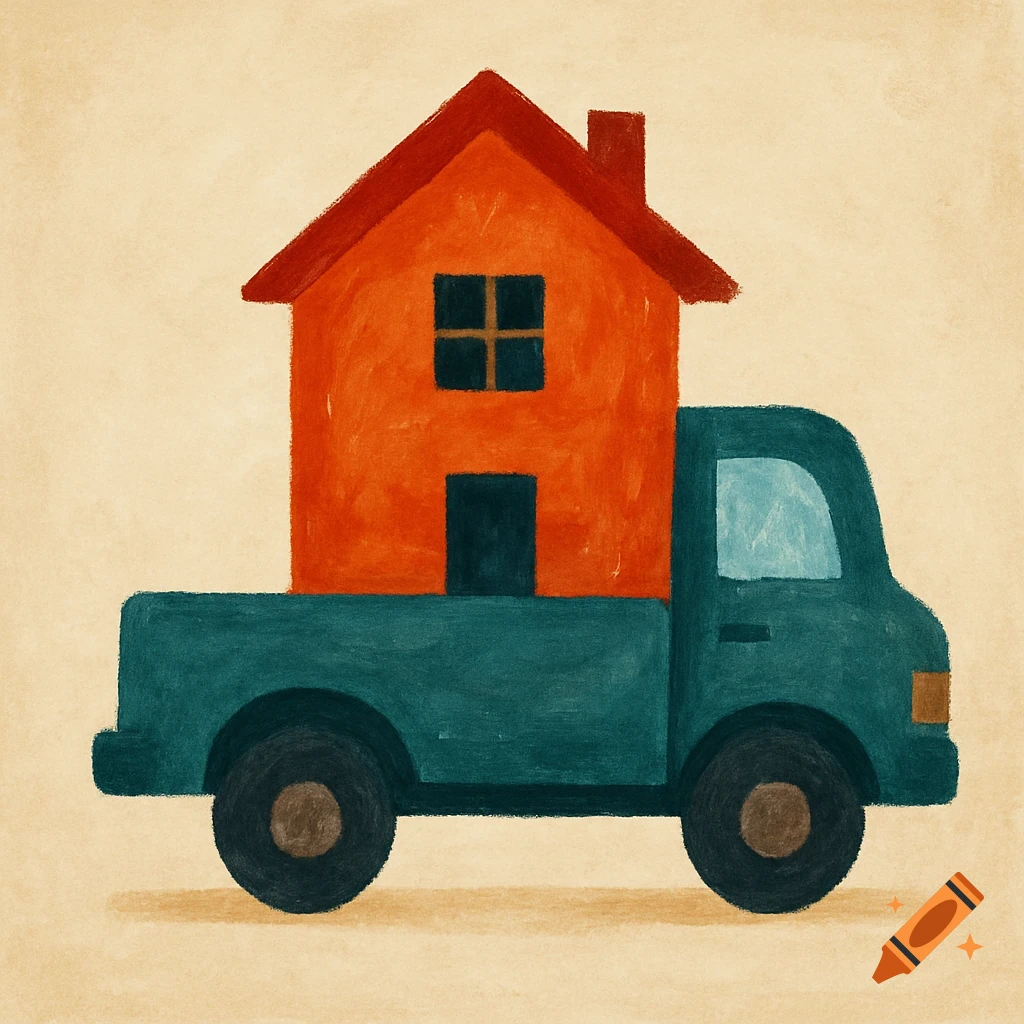 A simple, textured illustration of a red house on the back of a teal pickup truck.