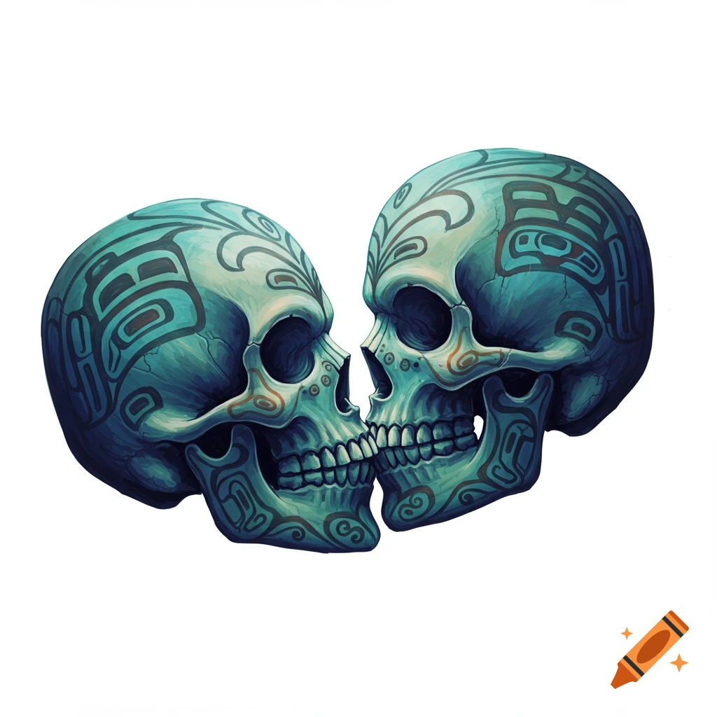 Two stylized turquoise skulls with intricate dark patterns, facing each other as if kissing, on a white background.