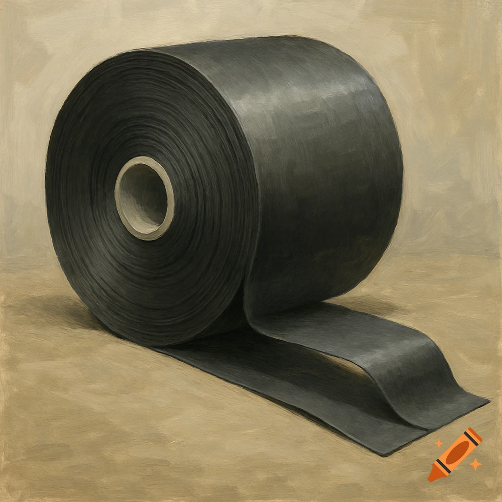 A large dark gray roll of industrial material with a white core, laid on a beige surface with a painterly texture.
