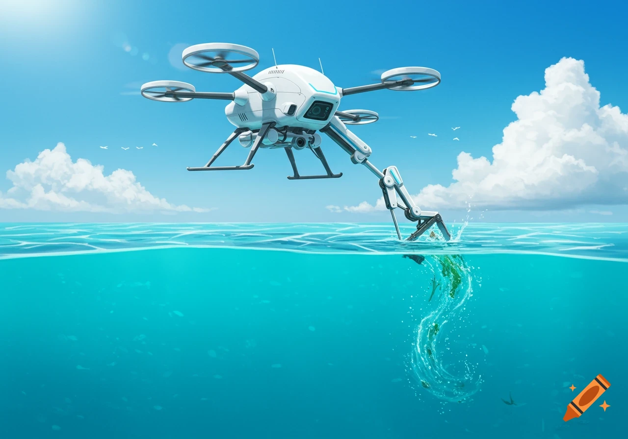 A white drone with a robotic arm scoops trash from blue ocean water under a clear sky.
