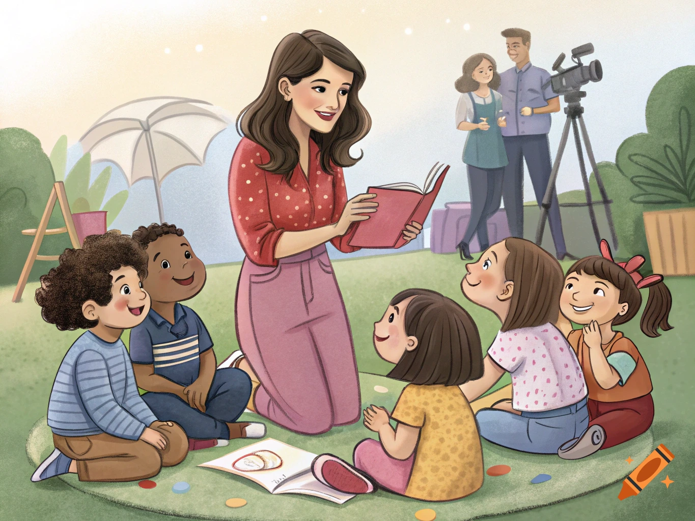 A cartoon illustration of an adult woman reading a book to a group of children sitting on a mat outdoors, with a camera crew in the background.