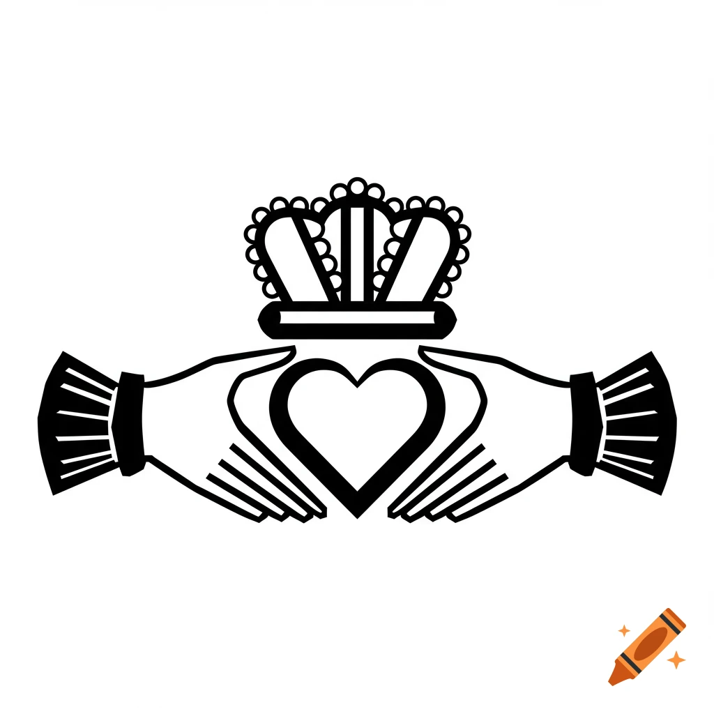 Black and white line drawing of a Claddagh symbol