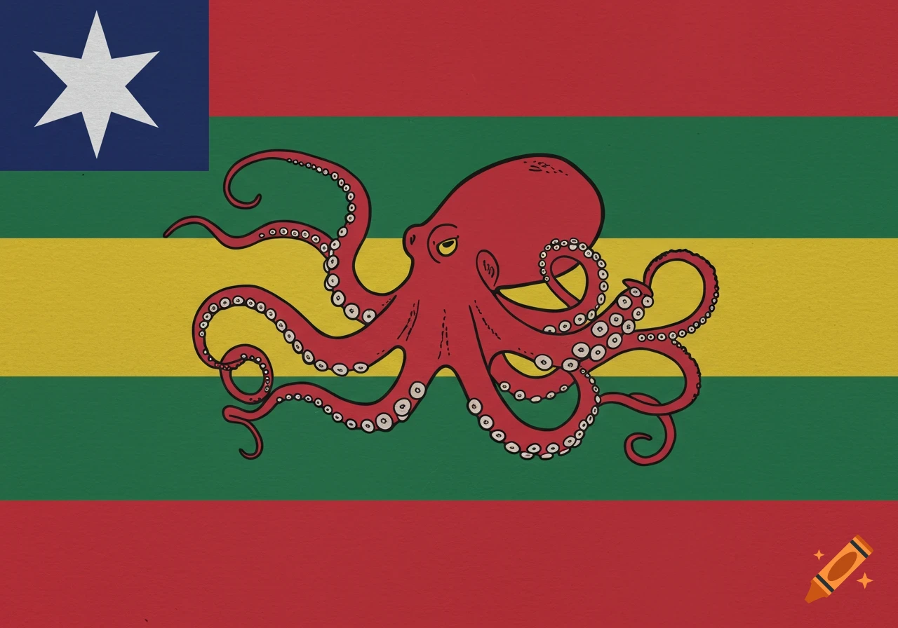 An illustrated flag featuring horizontal red, green, and yellow stripes, a blue canton with a white star, and a prominent red octopus.