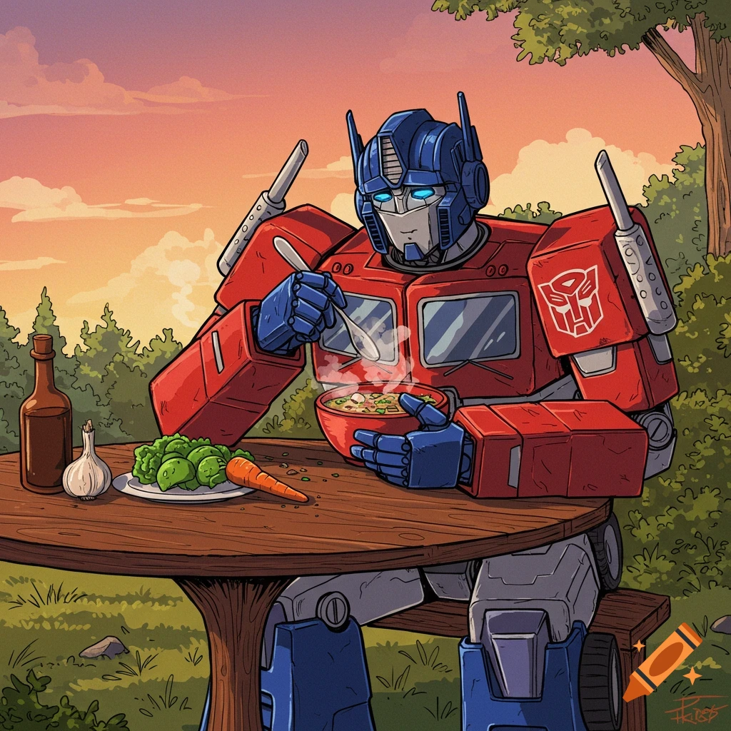 Optimus Prime eats soup at a table outdoors at sunset in an illustration.