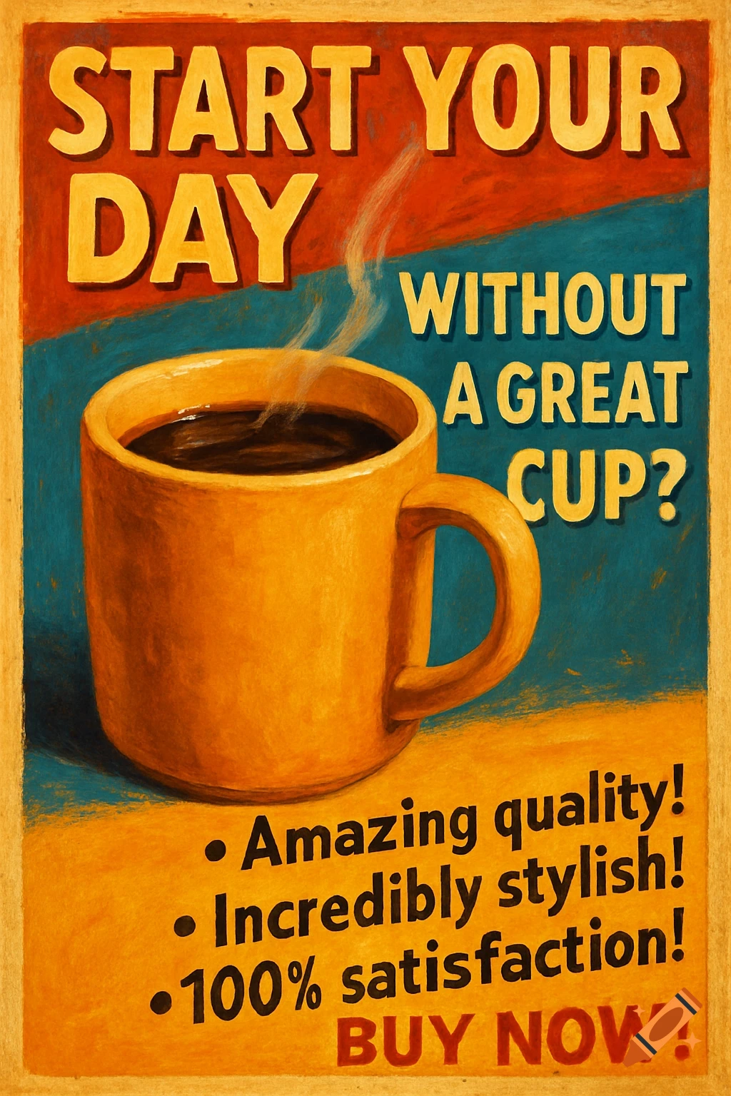 A vintage-style advertisement poster for coffee, featuring a steaming yellow mug against a red and blue background with bold text.