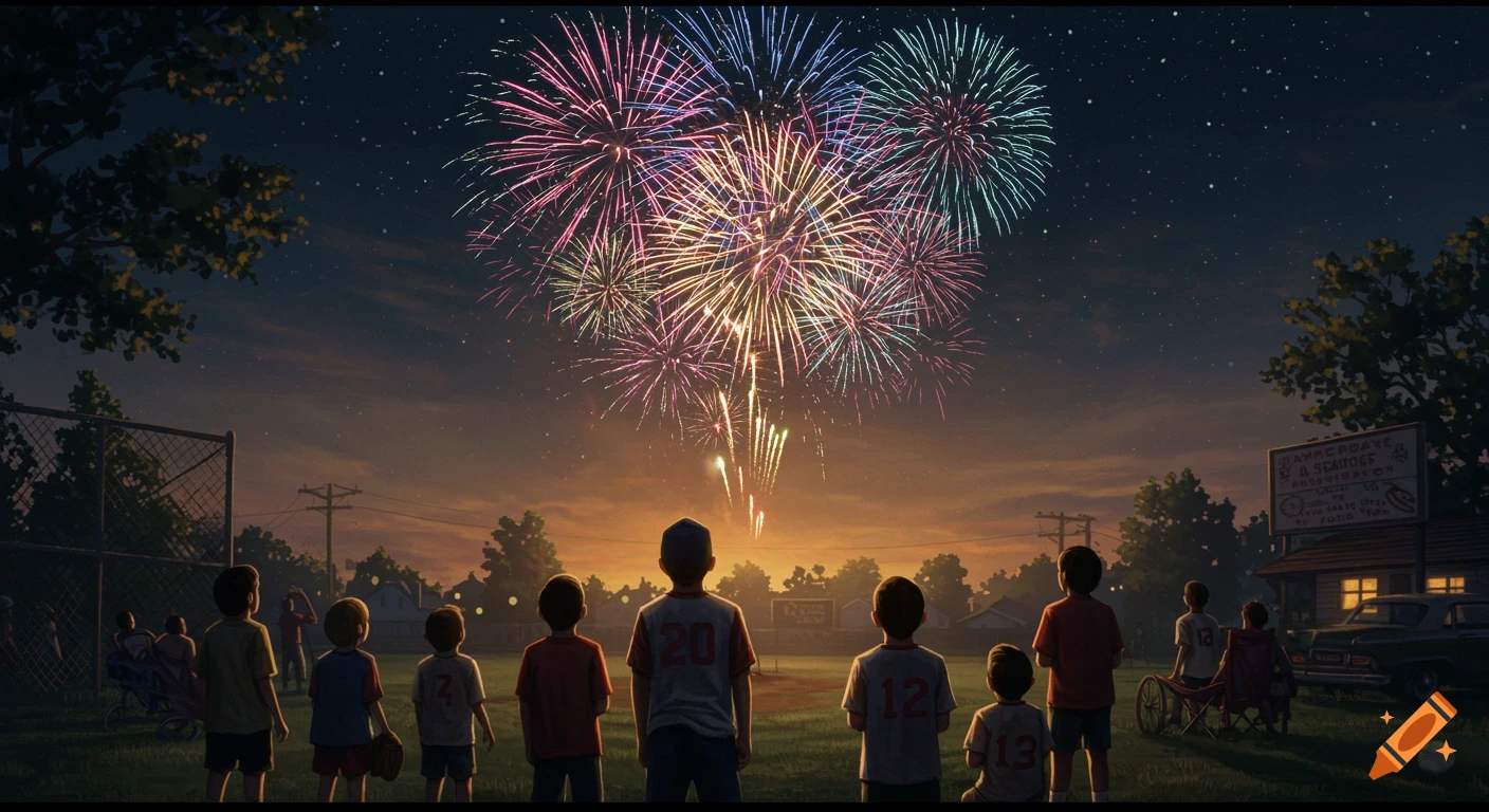 Children stand on a baseball field watching colorful fireworks explode in the night sky over a town, illustration.