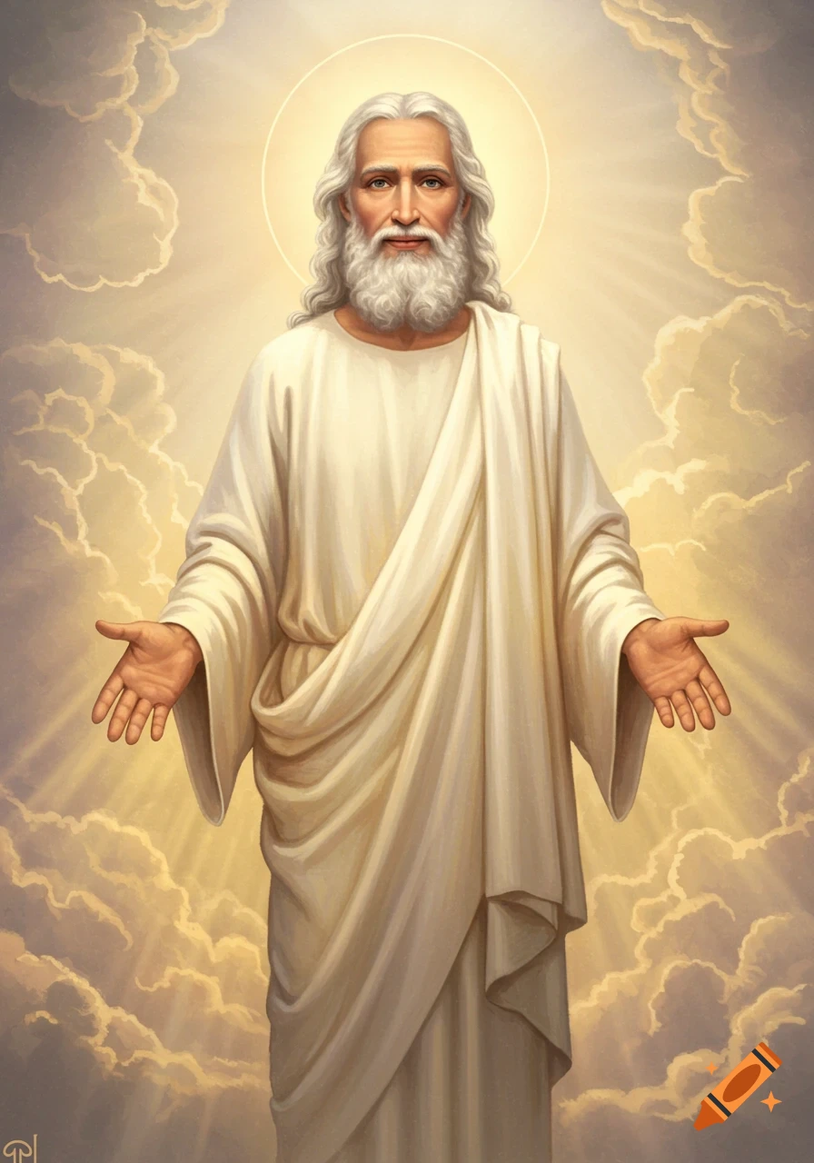An illustrative depiction of a divine figure with long white hair and beard, wearing white robes, with arms outstretched amidst golden light and clouds.