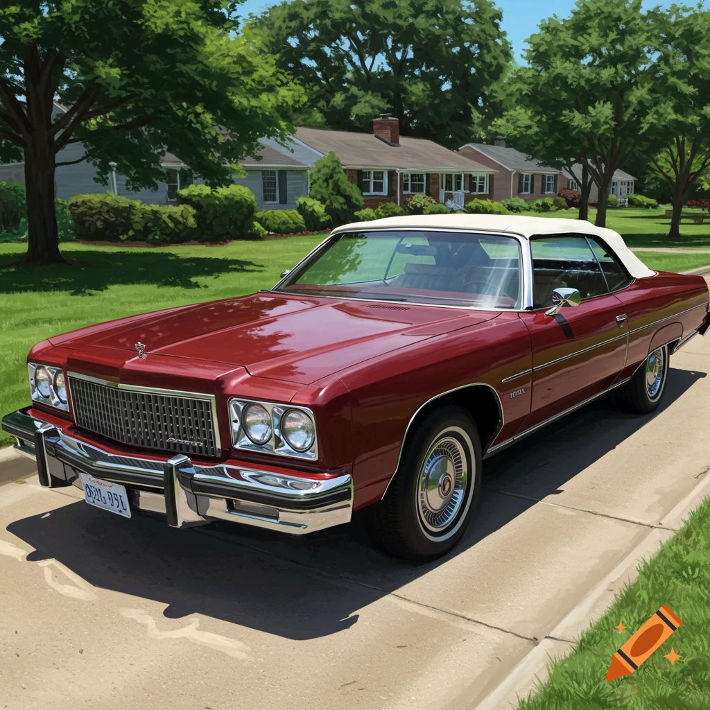 A red 1976 Chevrolet Caprice Classic convertible parked on a suburban driveway with green trees and houses in the background.