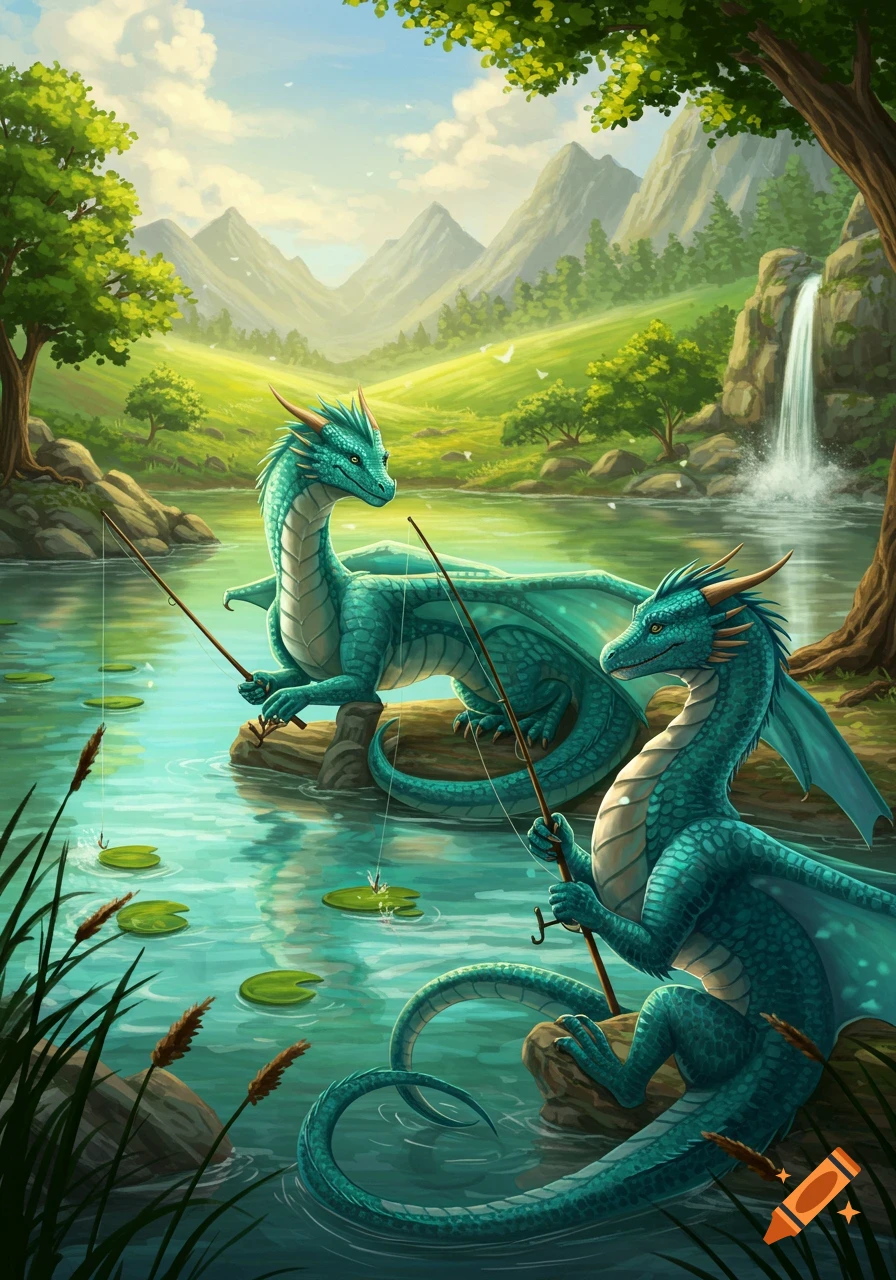 Two teal dragons fish in a serene lake with a waterfall and green mountains in the background, digital art.