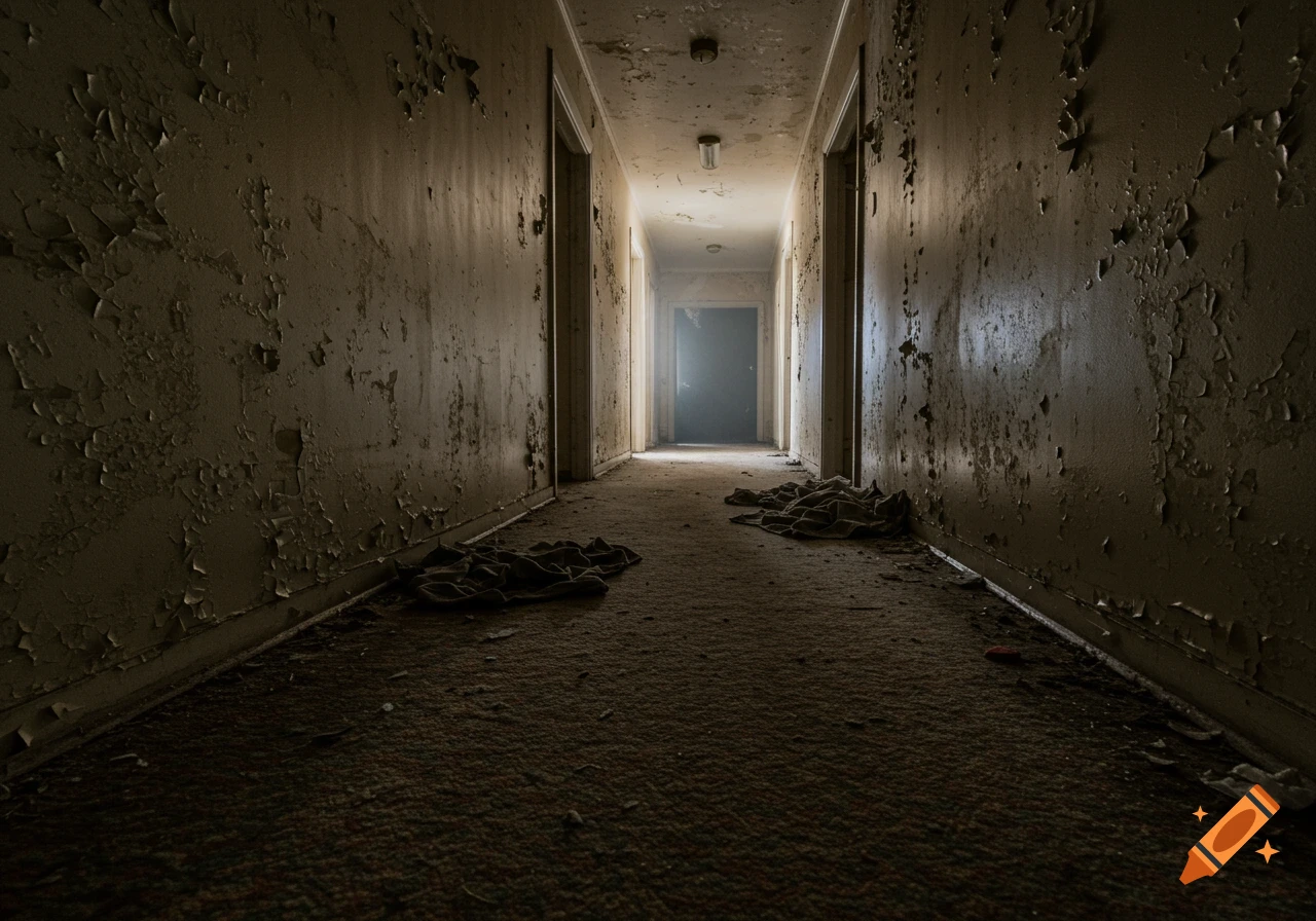 A dark, abandoned hallway with peeling paint on the walls and rags on the dirty carpet.