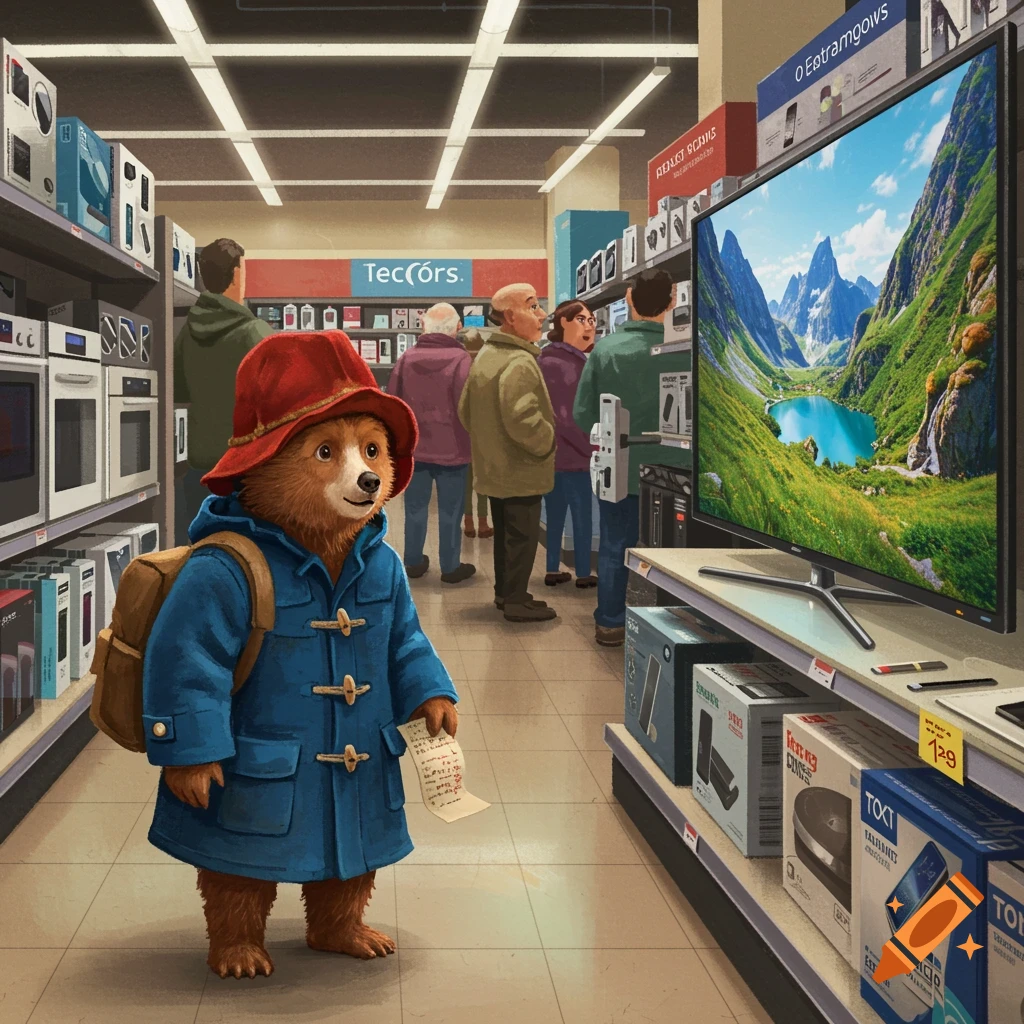 Paddington Bear in a blue duffel coat and red hat stands in an electronics store, holding a piece of paper, with people and a large TV showing a mountain landscape in the background.