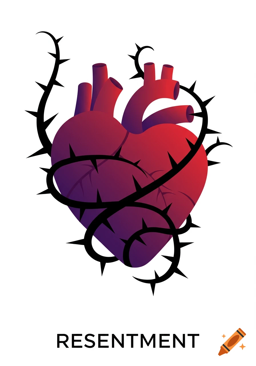 Vector illustration of a human heart wrapped in thorny vines with the word RESENTMENT below it.