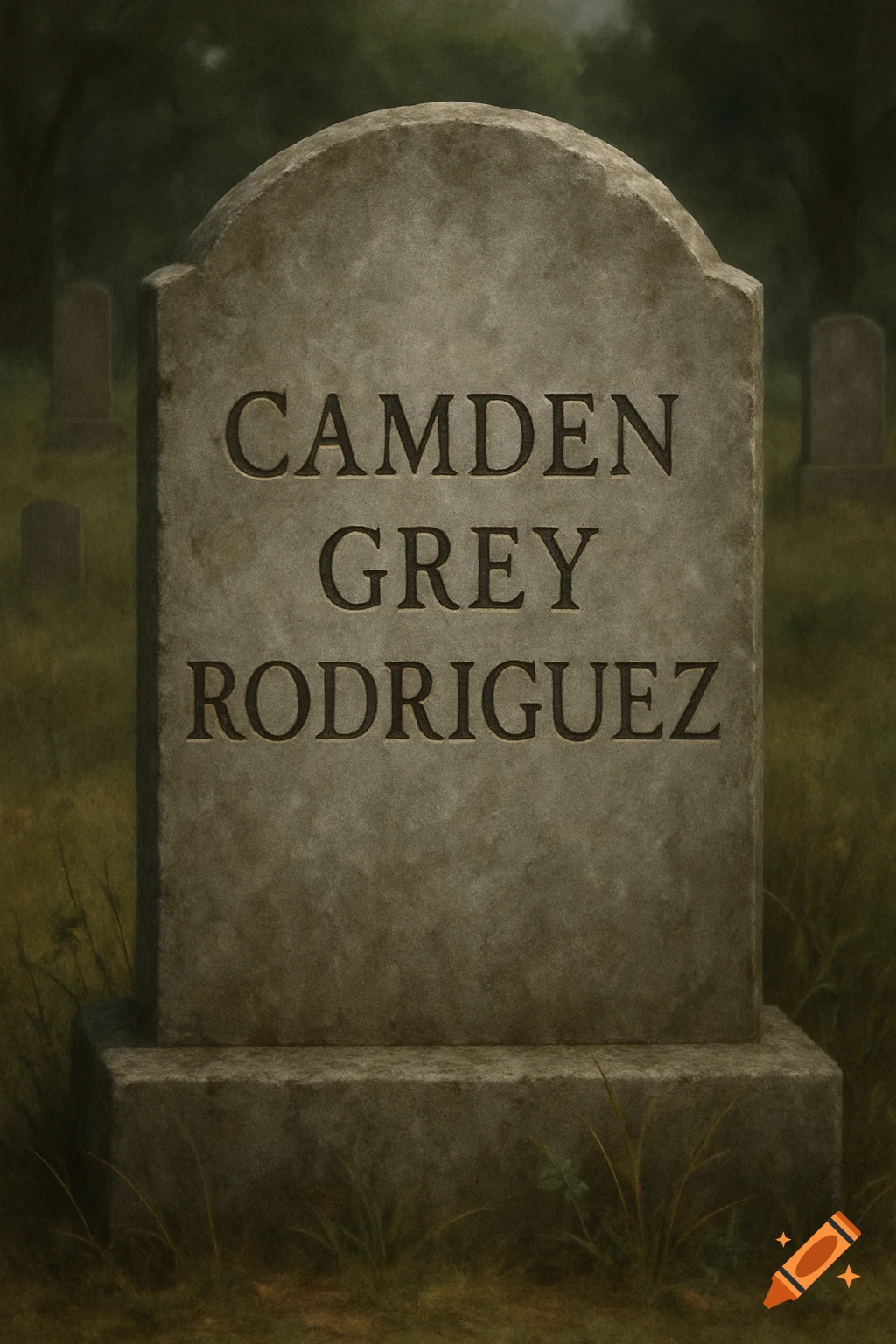 A tombstone engraved with the name Camden Grey Rodriguez in a cemetery.