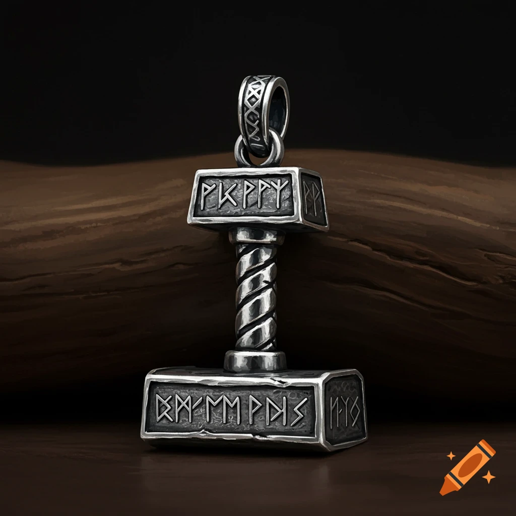A close-up of a detailed silver hammer pendant, adorned with runic symbols on its head and base, resting on a dark wooden surface.