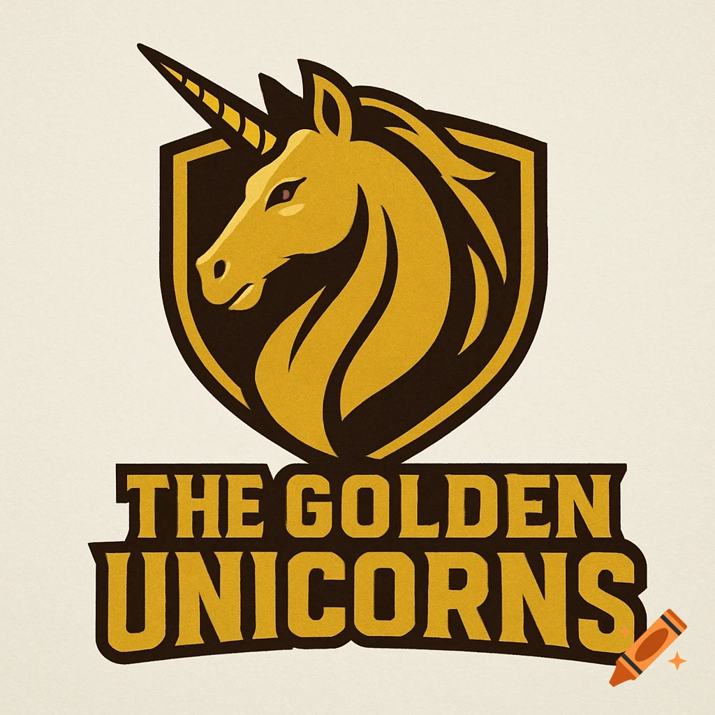 A gold and dark brown logo featuring a unicorn head in a shield above the text "THE GOLDEN UNICORNS".