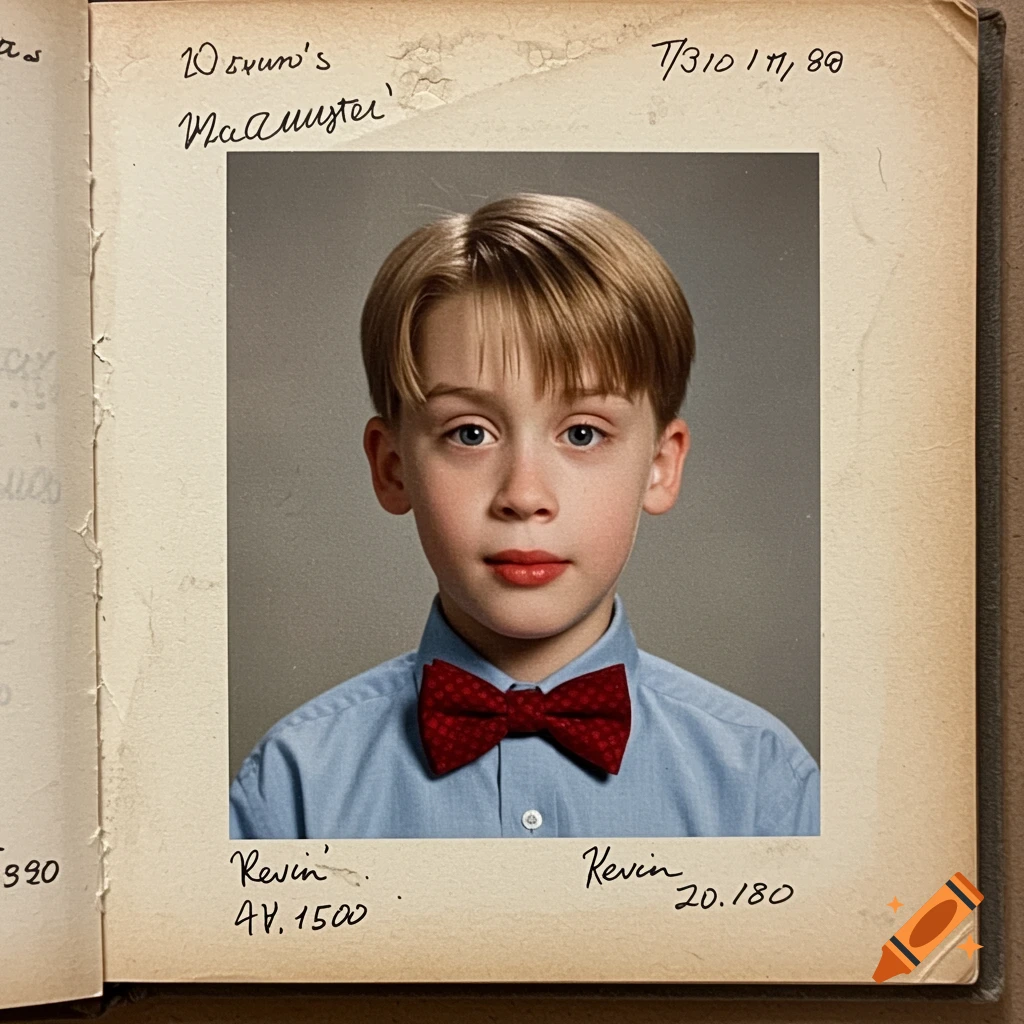 Young boy wearing a shirt and bow tie in a retro school yearbook photo with handwritten text on the page