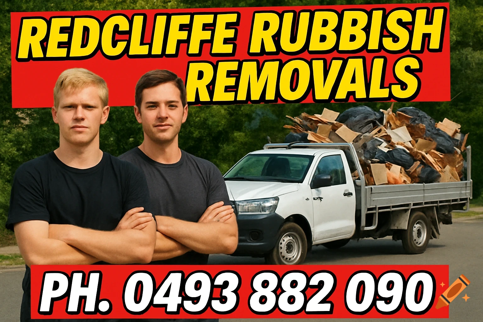 Two men pose in front of a white truck loaded with rubbish, with banners for Redcliffe Rubbish Removals and a phone number.