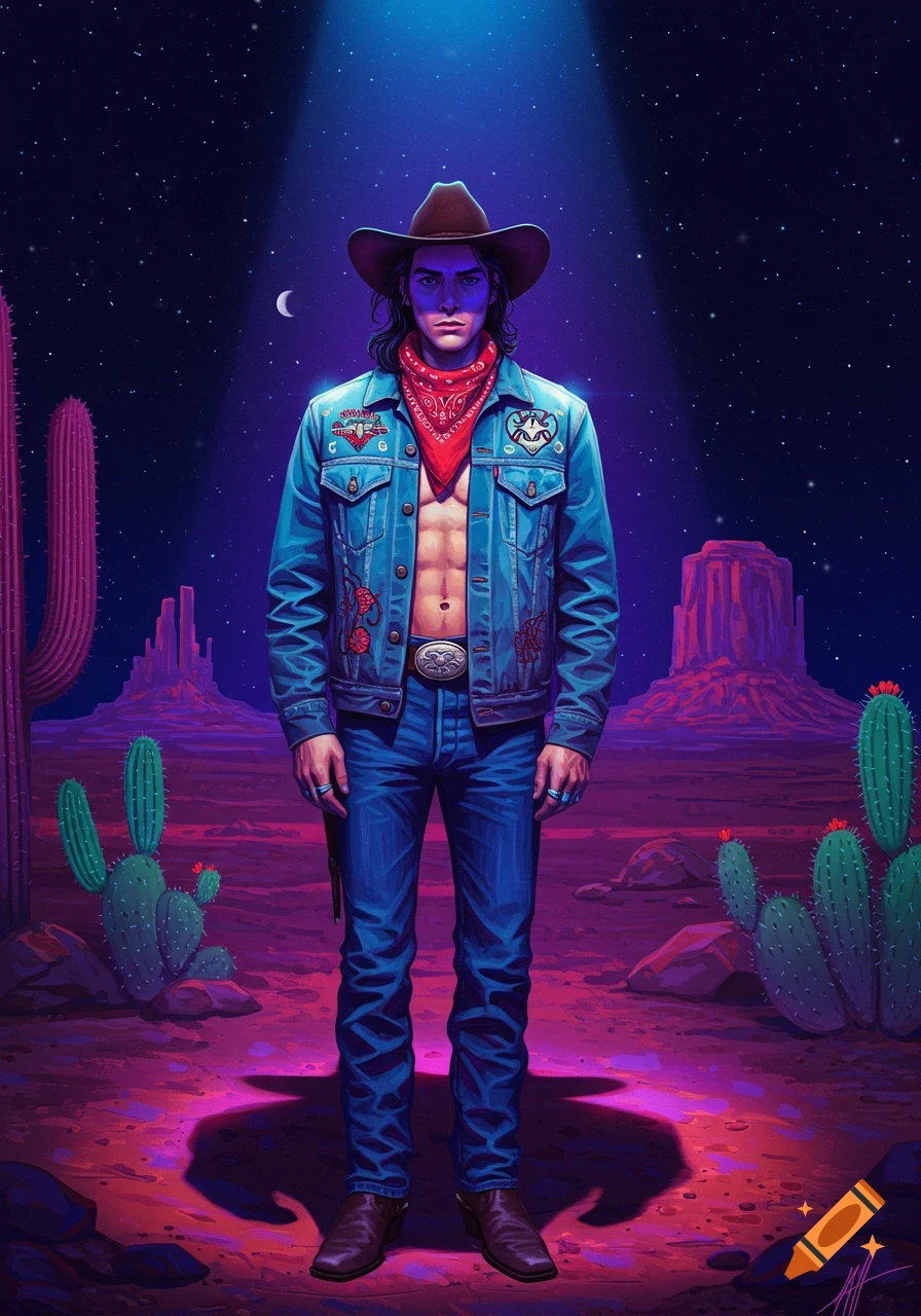 Illustration of a cowboy in a desert at night under a spotlight and starry sky
