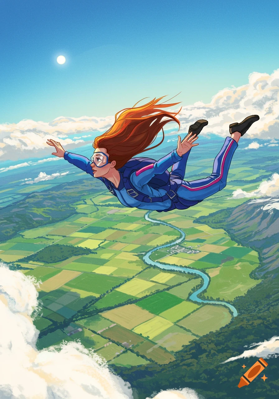 A woman with long red hair skydiving high above a green, patchwork landscape with clouds and mountains, in an illustrative style.