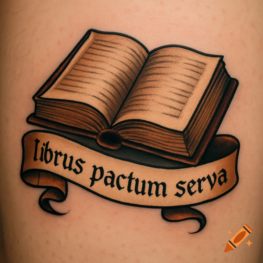 A tattoo of an open book with a banner underneath that reads "librus pactum serva" in a traditional art style.