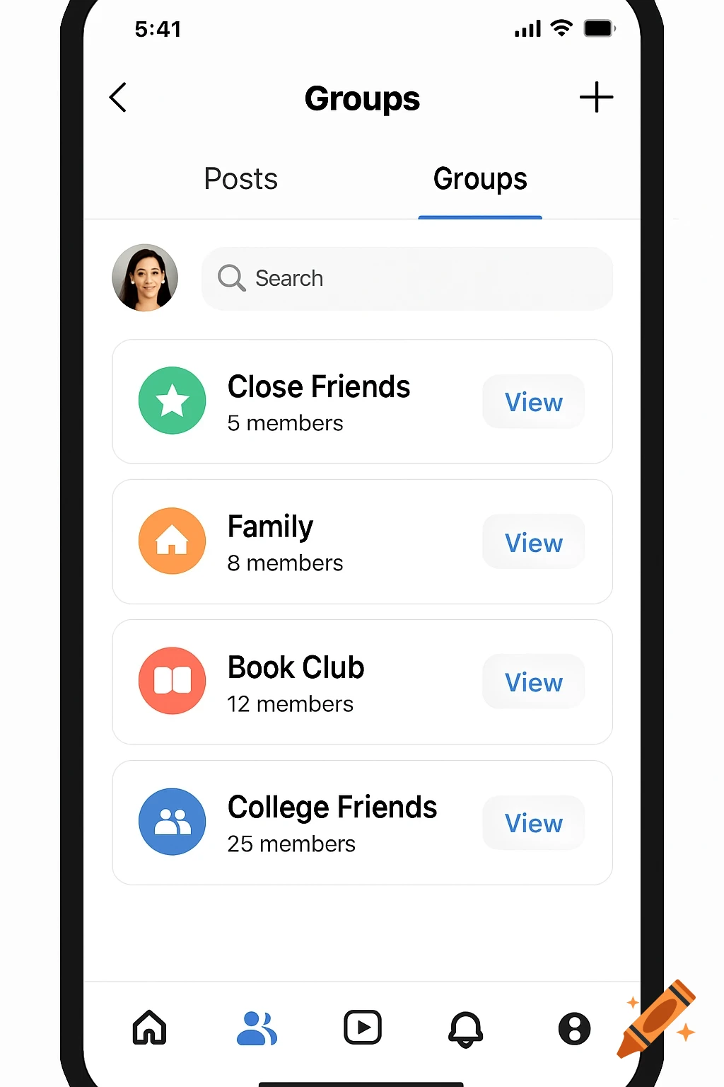 A UI mockup of a mobile social media app displaying a 'Groups' screen with a list of friend groups like 'Close Friends', 'Family', 'Book Club', and 'College Friends'.