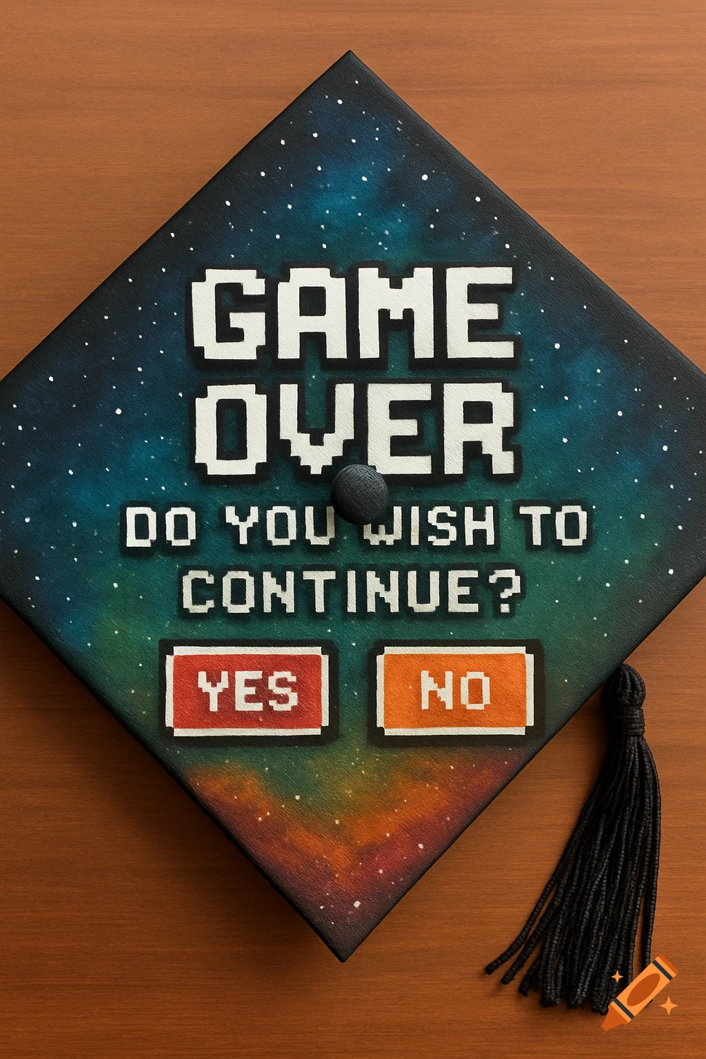 A decorated graduation cap with a pixel art 'Game Over' screen and 'Do you wish to continue? Yes No' text, against a galaxy background.