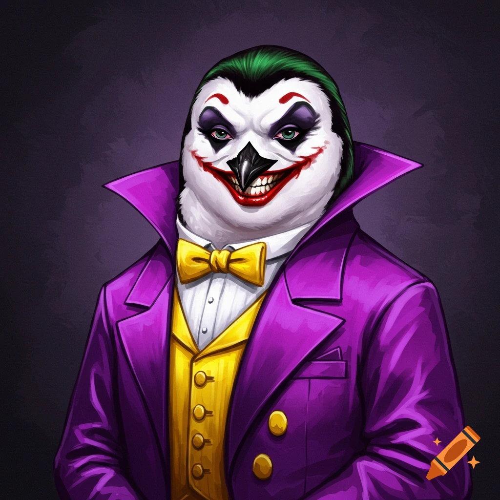 An illustration of a penguin dressed as the Joker, with white face paint, green hair, and a purple suit with a yellow vest and bowtie.