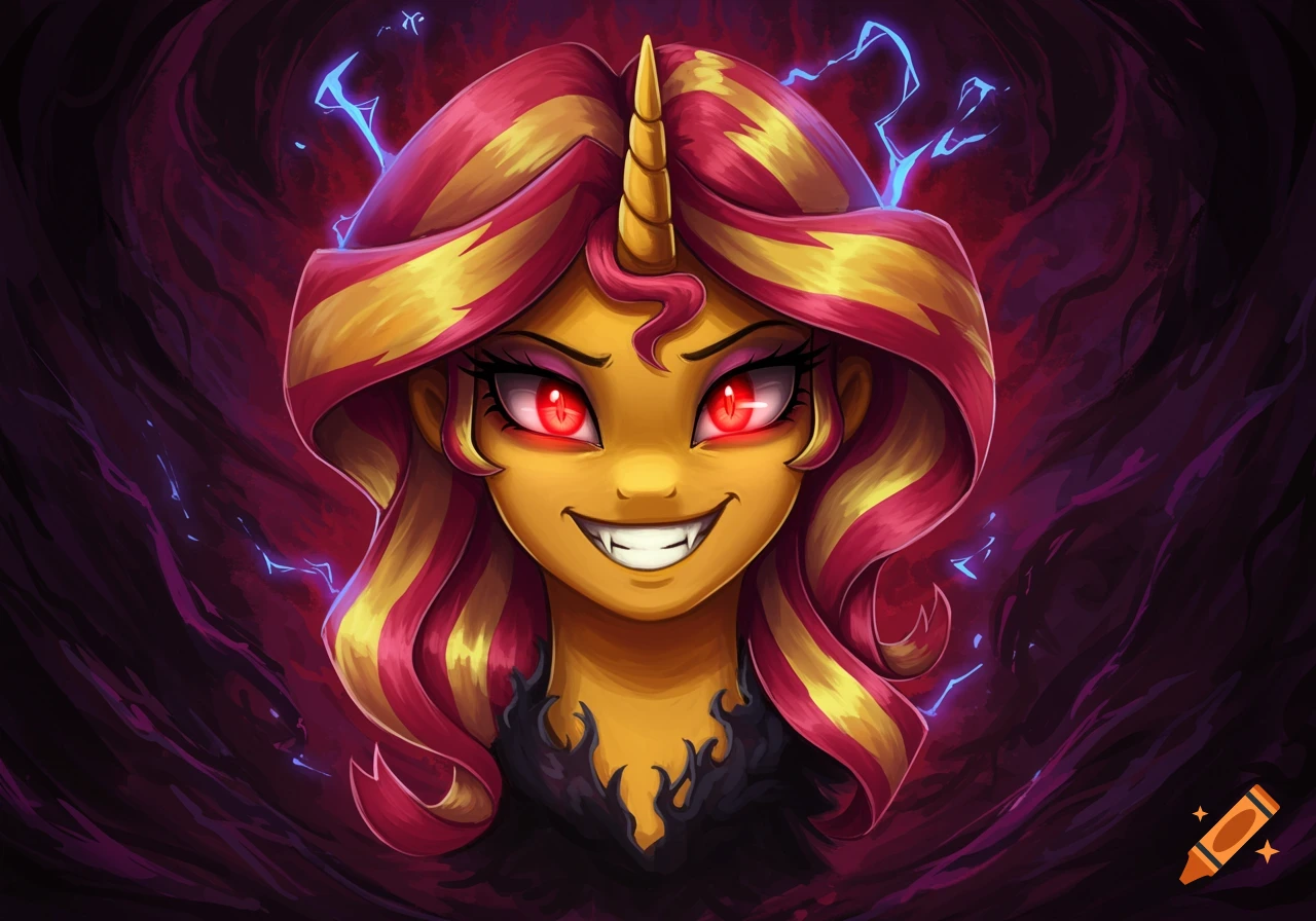 Digital art of villainous Sunset Shimmer with red glowing eyes, fangs, and a horn, surrounded by dark energy and blue lightning.