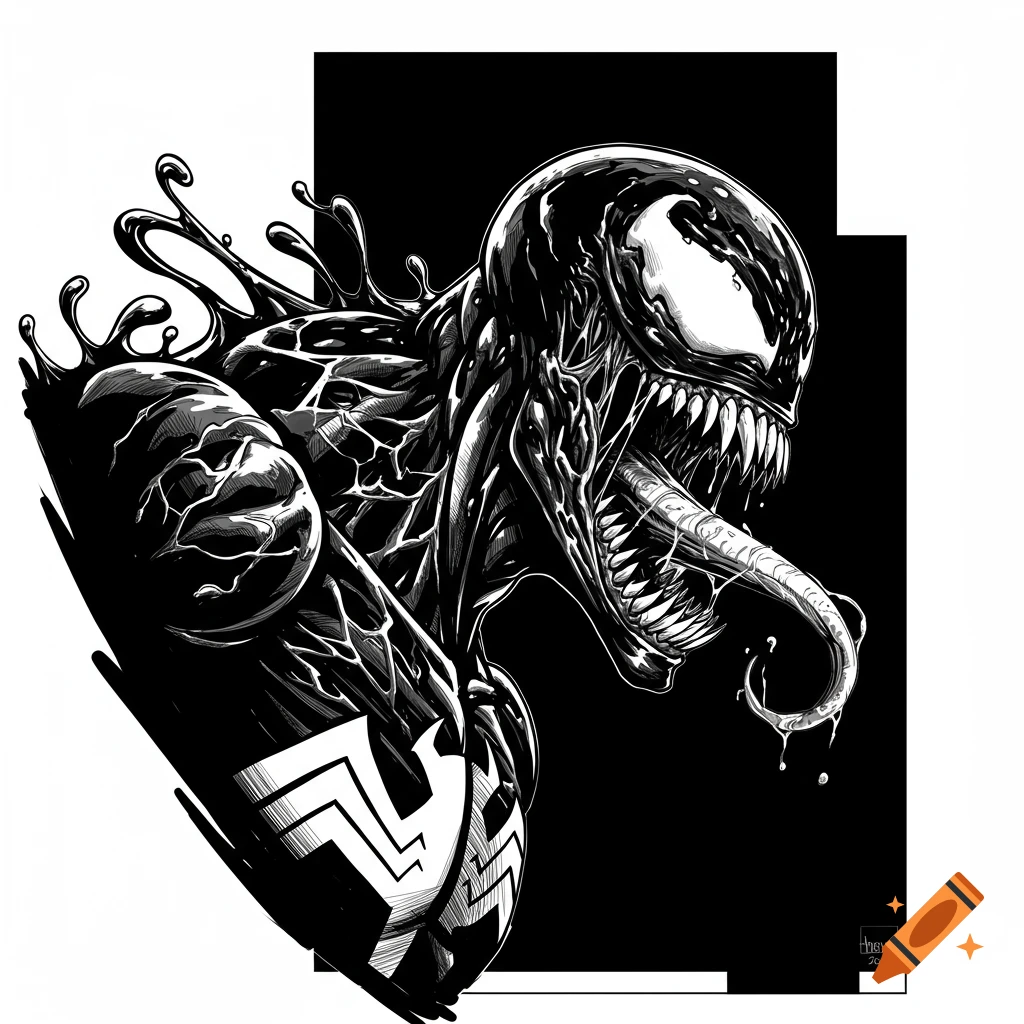 Black and white comic art of Venom, showing its head with sharp fangs and long tongue, with black symbiote tendrils.