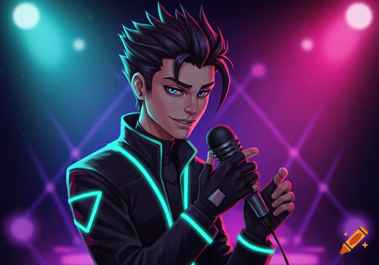 Anime style portrait of a man singing into a microphone on stage with neon pink and blue lights.