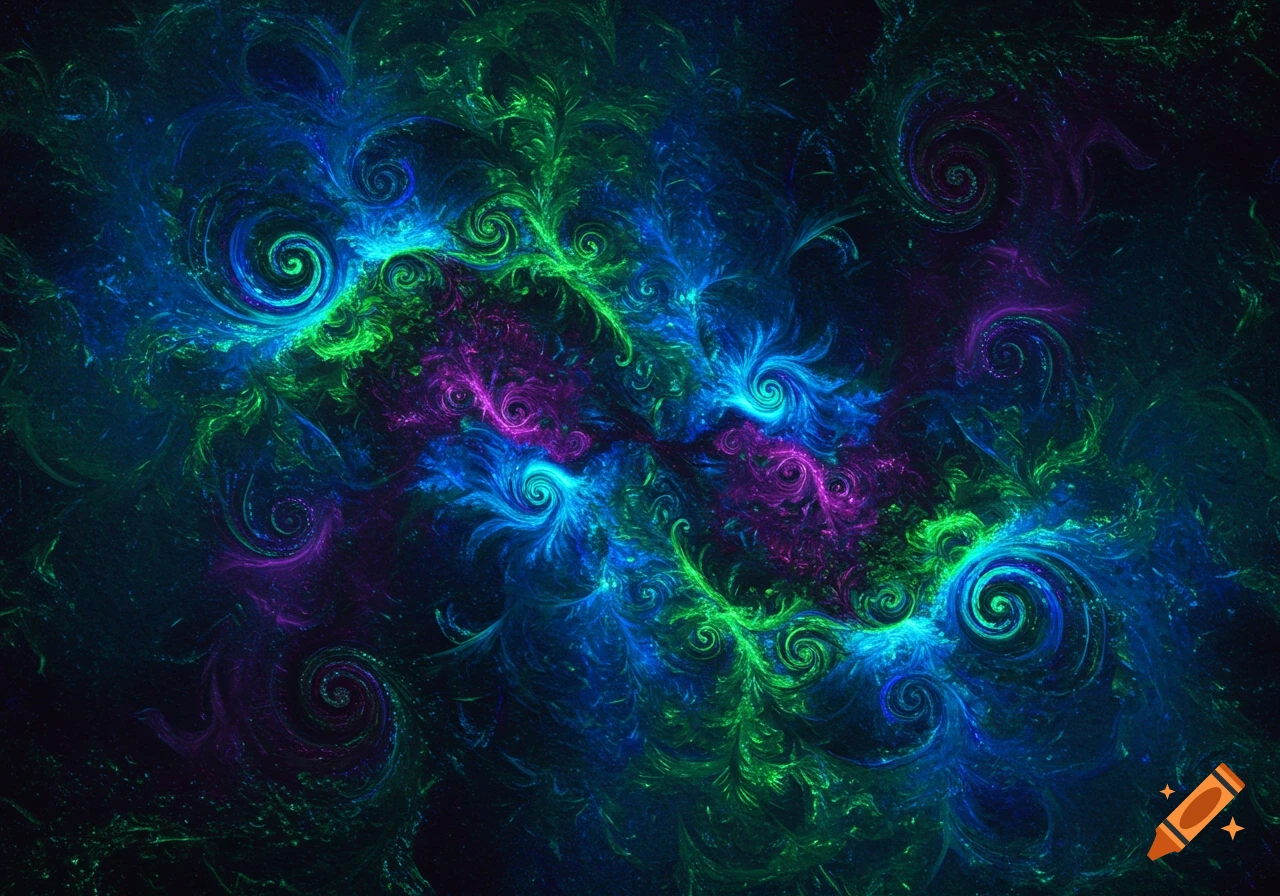Abstract fractal art with swirling patterns in vibrant blue, green, and purple.