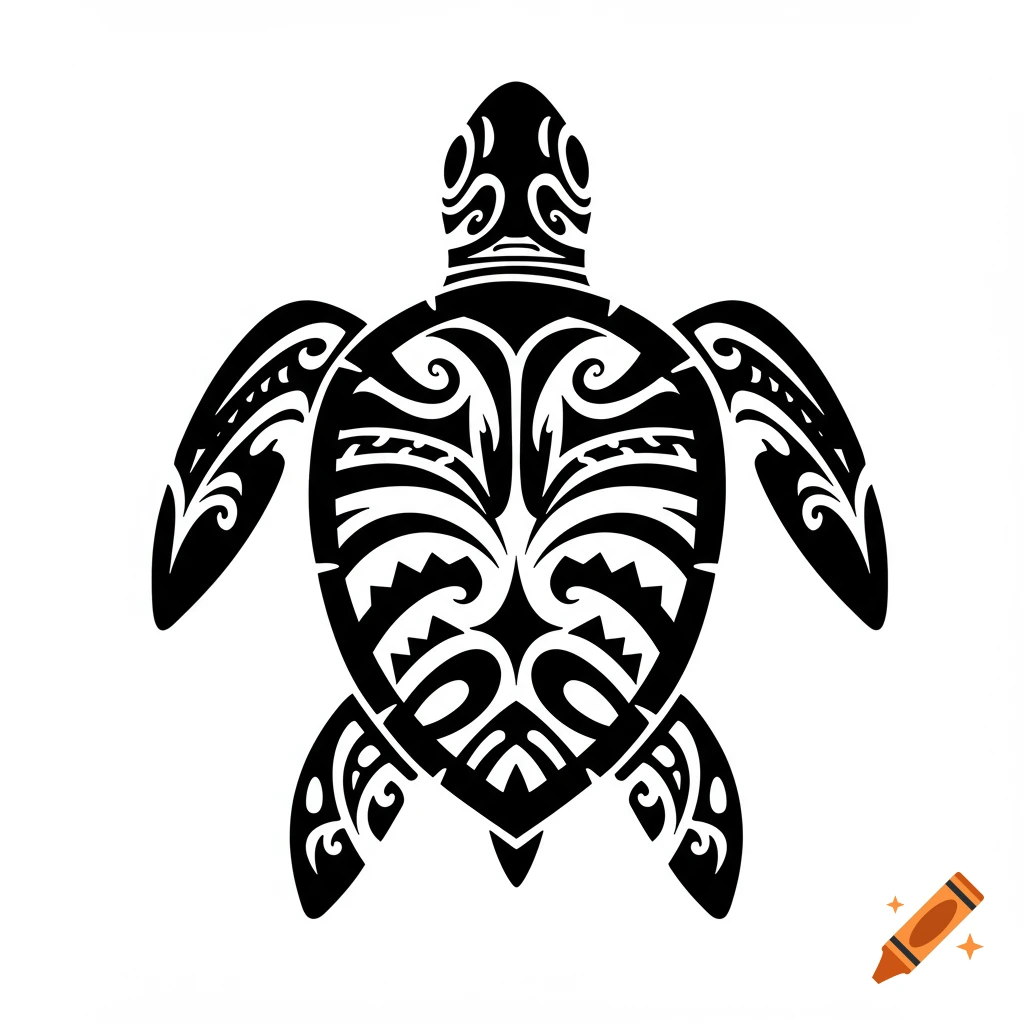 Black and white clipart of a turtle with Polynesian tribal patterns on its shell and limbs.