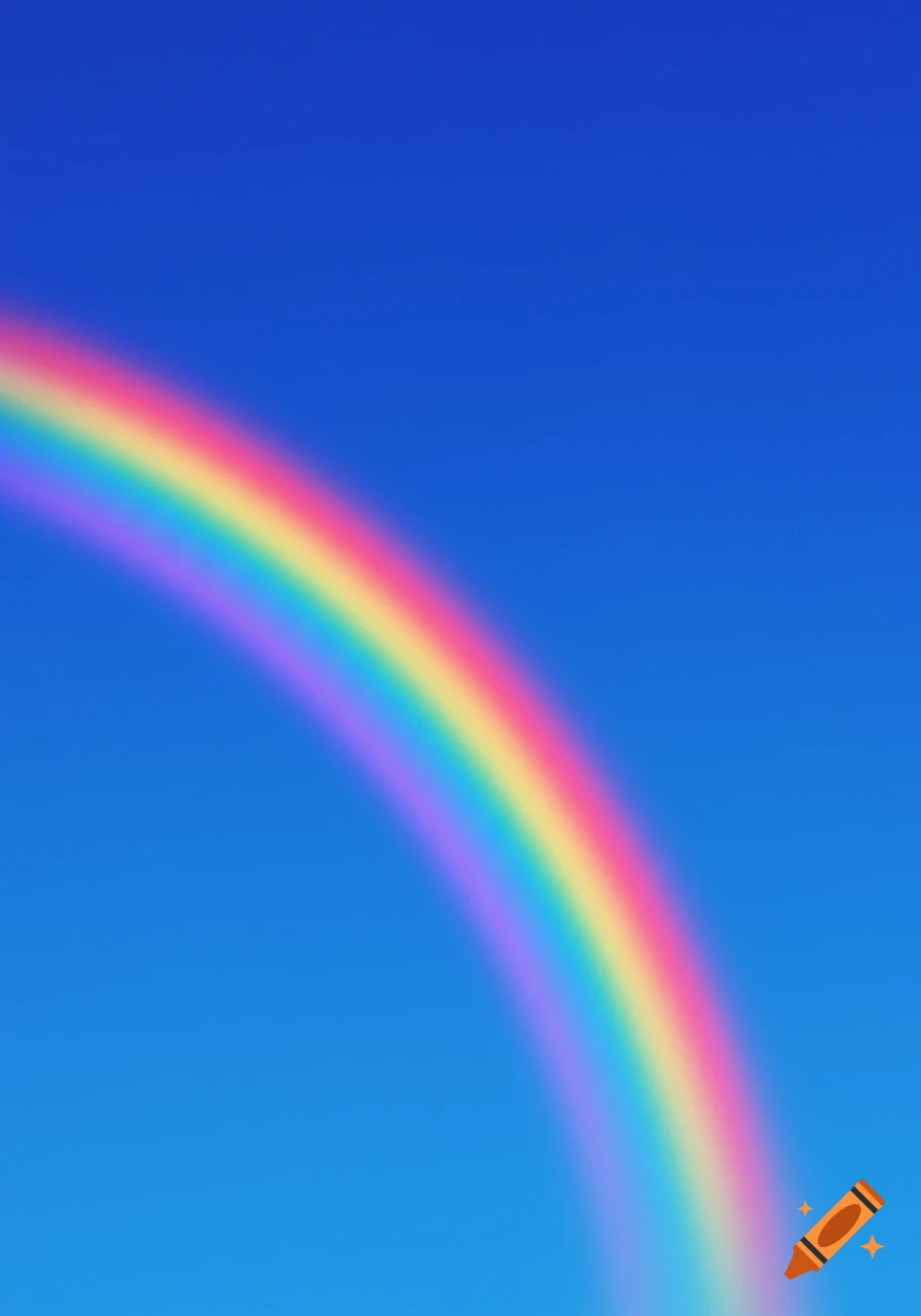 A colorful rainbow arcs across a clear blue sky.