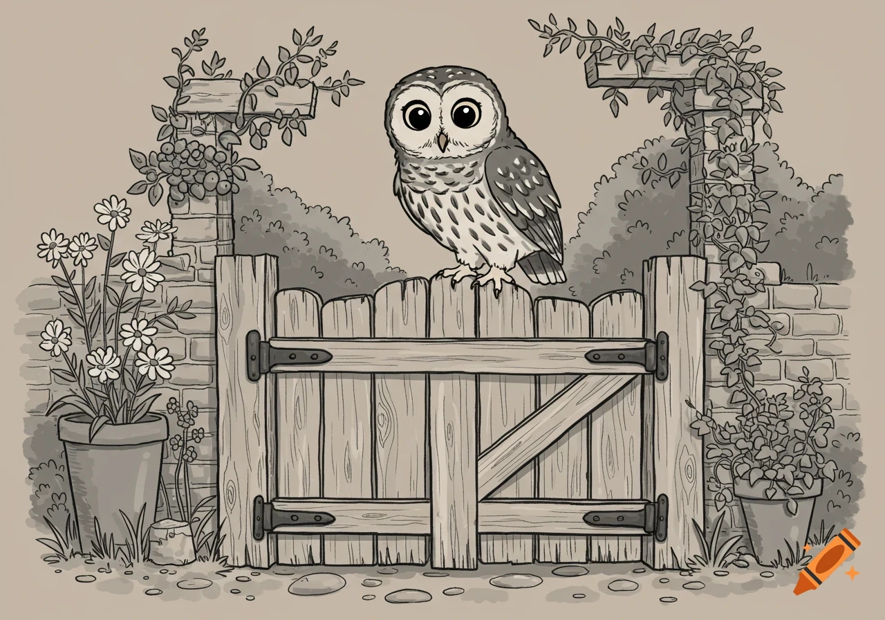 A cartoon barred owl perches on an old wooden garden gate, surrounded by garden foliage in a black and white illustration.
