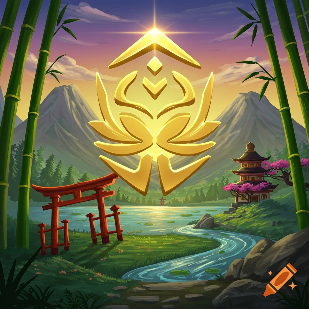 A vibrant illustration of a golden symbol hovering over a serene Japanese landscape with bamboo, mountains, a lake, a torii gate, and a pagoda.