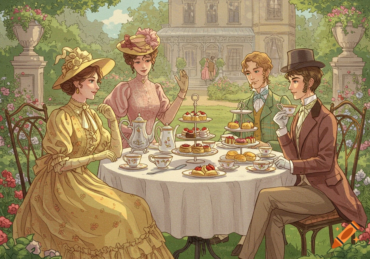 Illustration of people at a Victorian tea party in a garden.