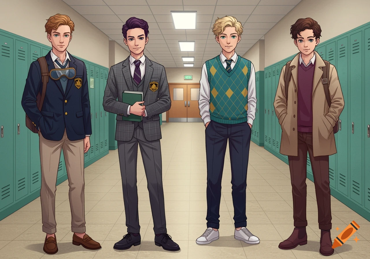 Four anime-style teenage boys standing in a school hallway with lockers, dressed in various school and casual outfits.