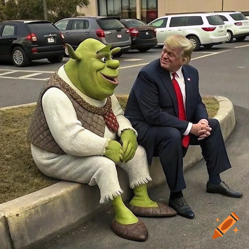 Shrek and Donald Trump sit on a curb in a parking lot, looking at each other in a photorealistic style.