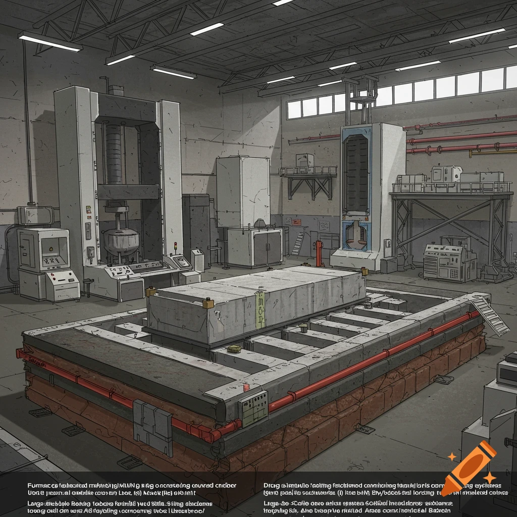 An industrial laboratory with large testing equipment and a massive concrete block.